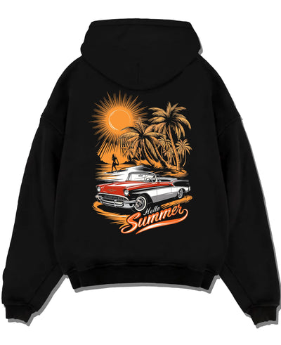 Black pullover hoodie laid flat on a white background, featuring retro vintage classic racing street performance motorsport graphic.