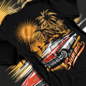 Black T-shirt laid flat with natural fabric folds, featuring retro vintage classic racing street performance motorsport graphic.