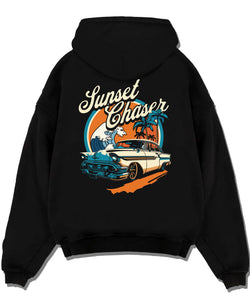 Black pullover hoodie laid flat on a white background, featuring Chevrolet classic racing street performance motorsport graphic.