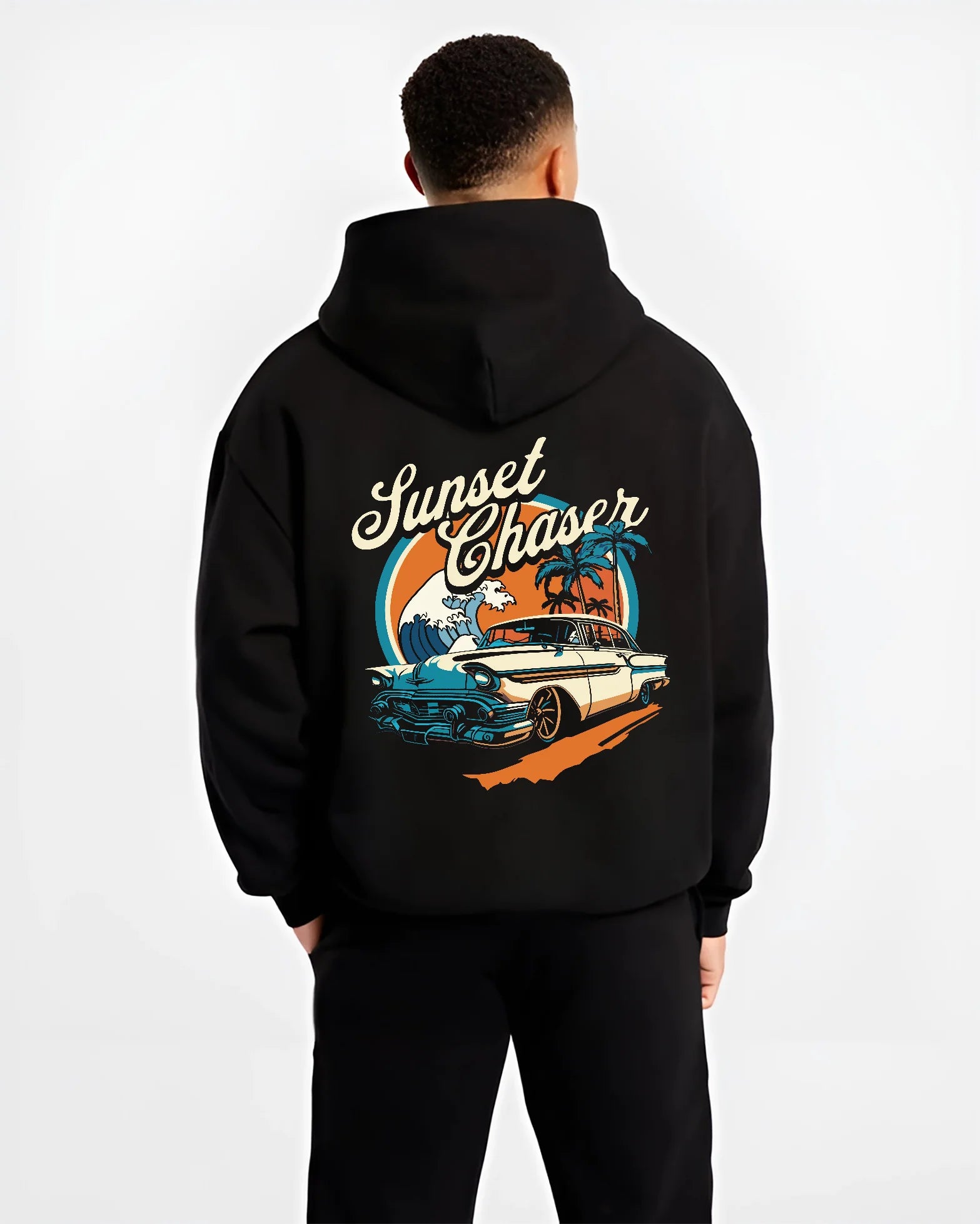 Black hoodie worn by a male model, back view, featuring Chevrolet classic racing street performance motorsport automotive graphic.