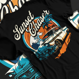 Black T-shirt laid flat with natural fabric folds, featuring Chevrolet classic racing street performance motorsport graphic.