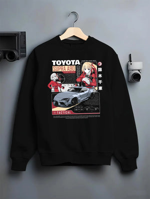 Black crewneck sweatshirt on a hanger against a grey wall, featuring Toyota Supra A90 supra turbo racing jdm street graphic.