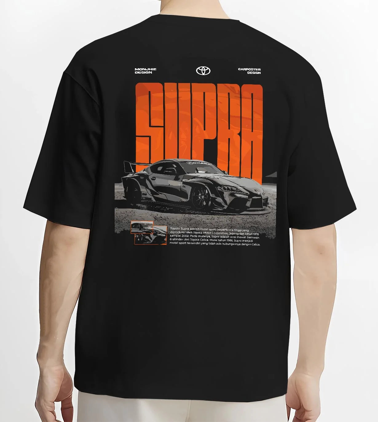Black T-shirt worn by a male model, back view, featuring Toyota Supra turbo racing drift jdm japanese tuner street graphic.
