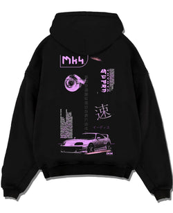 Black pullover hoodie laid flat on a white background, featuring Toyota Supra MK4 supra turbo racing drift jdm japanese graphic.