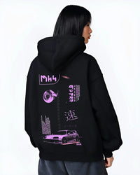 Black hoodie worn by a female model, back view, featuring Toyota Supra MK4 supra turbo racing drift jdm japanese tuner graphic.