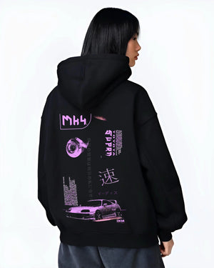 Black hoodie worn by a female model, back view, featuring Toyota Supra MK4 supra turbo racing drift jdm japanese tuner graphic.