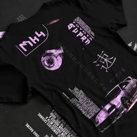 Black T-shirt laid flat with natural fabric folds, featuring Toyota Supra MK4 supra turbo racing drift jdm japanese tuner graphic.