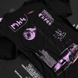 Black T-shirt laid flat with natural fabric folds, featuring Toyota Supra MK4 supra turbo racing drift jdm japanese tuner graphic.
