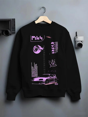Black crewneck sweatshirt on a hanger against a grey wall, featuring Toyota Supra MK4 supra turbo racing drift jdm japanese graphic.