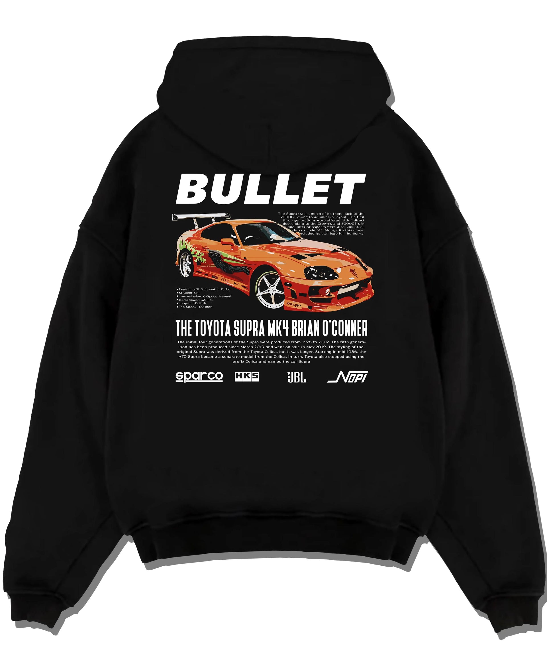 Black pullover hoodie laid flat on a white background, featuring Toyota Supra MK4 supra racing drift jdm tuner street graphic.