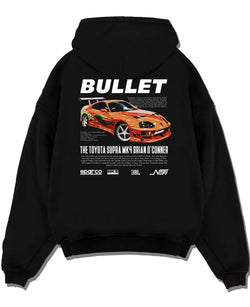 Black pullover hoodie laid flat on a white background, featuring Toyota Supra MK4 supra racing drift jdm tuner street graphic.