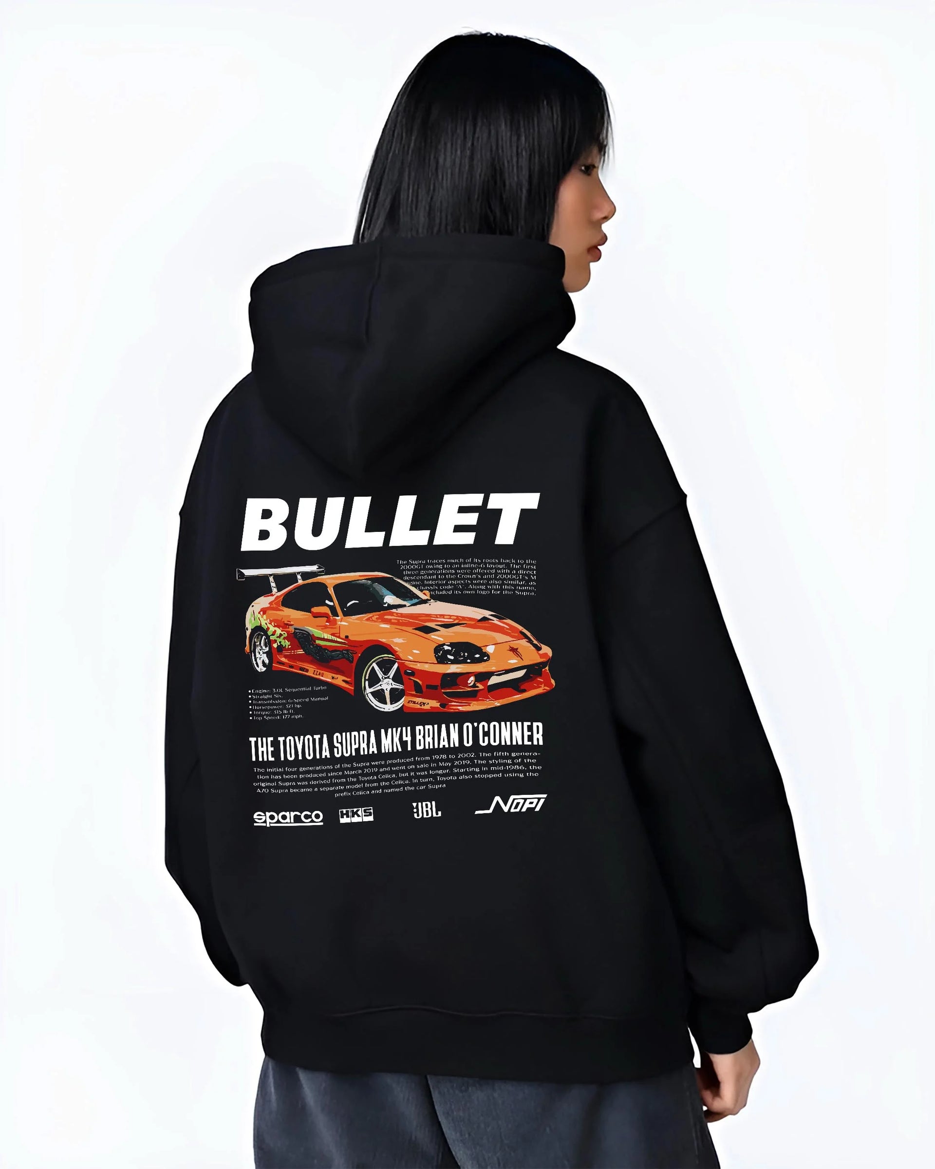 Black hoodie worn by a female model, back view, featuring Toyota Supra MK4 supra racing drift jdm tuner street legend graphic.