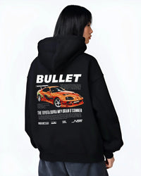Black hoodie worn by a female model, back view, featuring Toyota Supra MK4 supra racing drift jdm tuner street legend graphic.