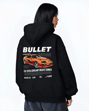 Black hoodie worn by a female model, back view, featuring Toyota Supra MK4 supra racing drift jdm tuner street legend graphic.