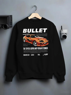 Black crewneck sweatshirt on a hanger against a grey wall, featuring Toyota Supra MK4 supra racing drift jdm tuner street graphic.