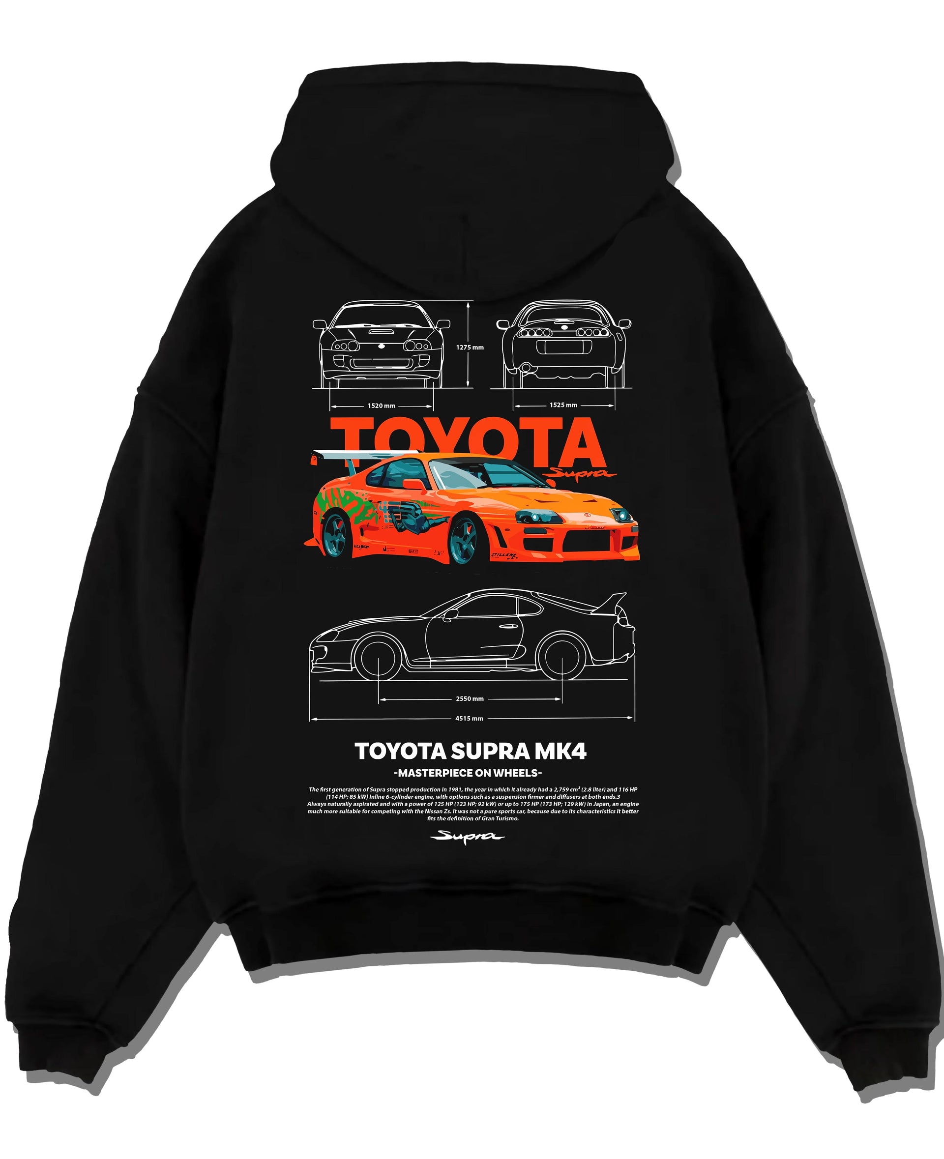 Black pullover hoodie laid flat on a white background, featuring Toyota Supra MK4 supra turbo turbocharged racing drift jdm graphic.