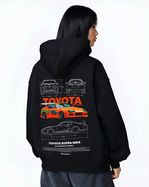 Black hoodie worn by a female model, back view, featuring Toyota Supra MK4 supra turbo turbocharged racing drift jdm graphic.