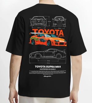 Black T-shirt worn by a male model, back view, featuring Toyota Supra MK4 supra turbo turbocharged racing drift jdm graphic.