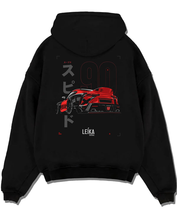 Black pullover hoodie laid flat on a white background, featuring Toyota Supra MK5 supra racing drift jdm japanese tuner graphic.