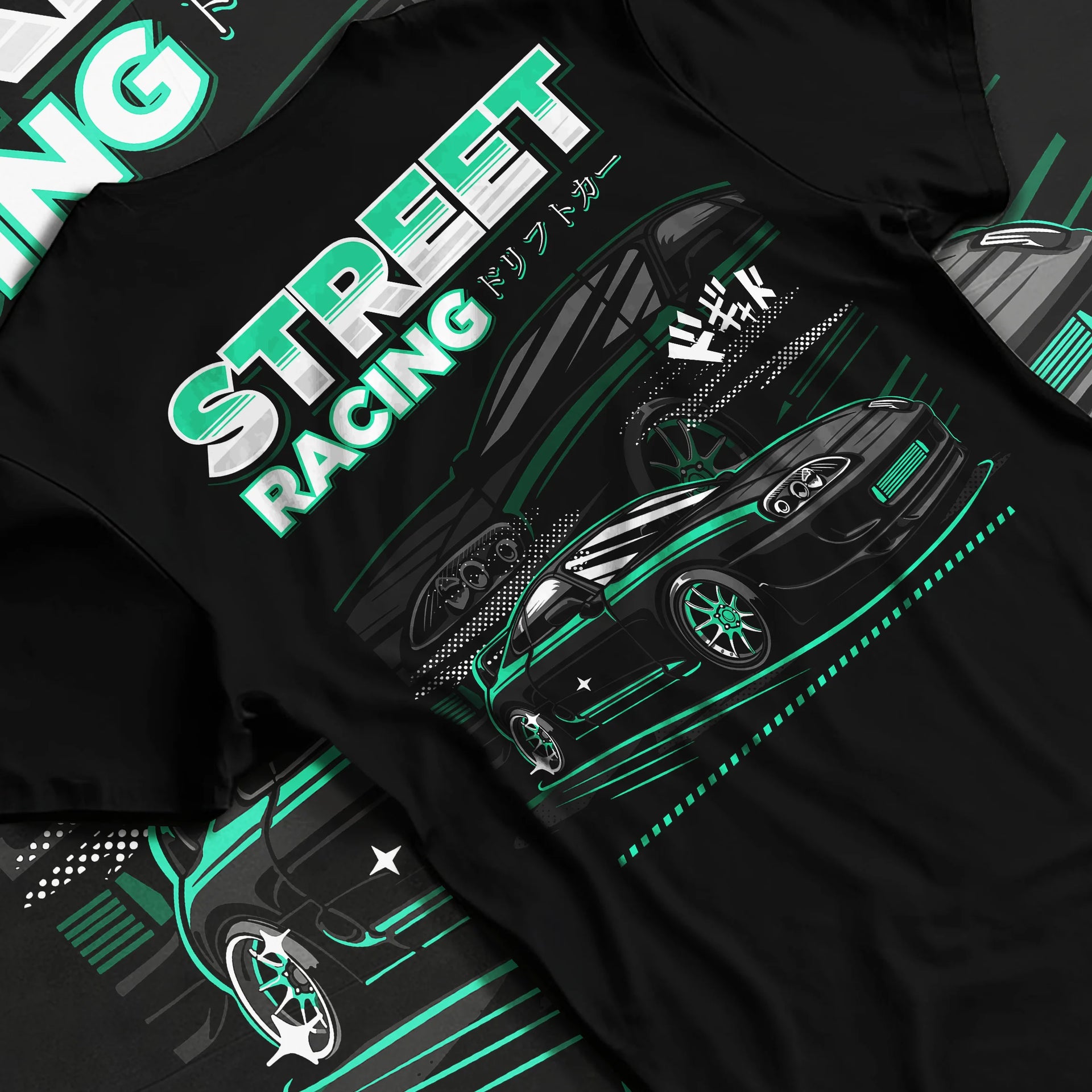 Black T-shirt laid flat with natural fabric folds, featuring Toyota Supra turbo jdm street racing performance motorsport graphic.