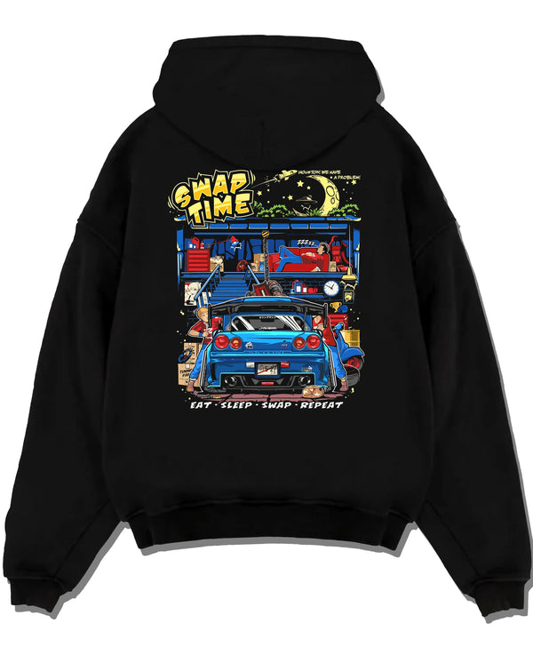 Black pullover hoodie laid flat on a white background, featuring Nissan Skyline R34 r34 skyline racing drift jdm tuner graphic.