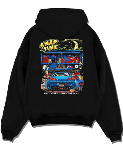 Black pullover hoodie laid flat on a white background, featuring Nissan Skyline R34 r34 skyline racing drift jdm tuner graphic.