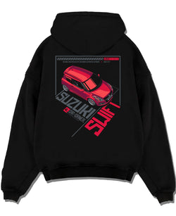Black pullover hoodie laid flat on a white background, featuring Suzuki SWIFT turbo turbocharged racing jdm japanese tuner graphic.