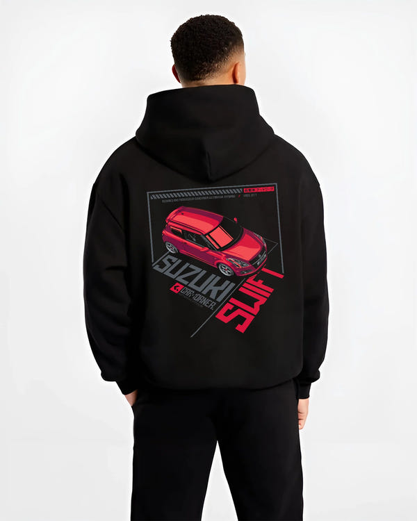 Black hoodie worn by a male model, back view, featuring Suzuki SWIFT turbo turbocharged racing jdm japanese tuner street graphic.
