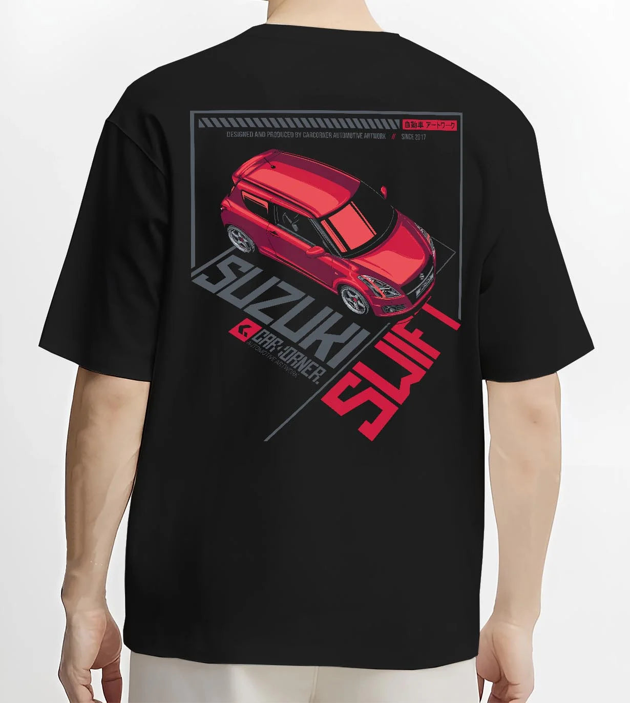 Black T-shirt worn by a male model, back view, featuring Suzuki SWIFT turbo turbocharged racing jdm japanese tuner street graphic.