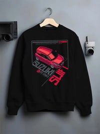 Black crewneck sweatshirt on a hanger against a grey wall, featuring Suzuki SWIFT turbo turbocharged racing jdm japanese graphic.