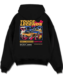 Black pullover hoodie laid flat on a white background, featuring RX7 ls racing drift jdm street legend performance graphic.