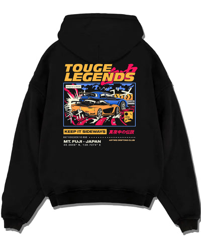 Black pullover hoodie laid flat on a white background, featuring RX7 ls racing drift jdm street legend performance graphic.