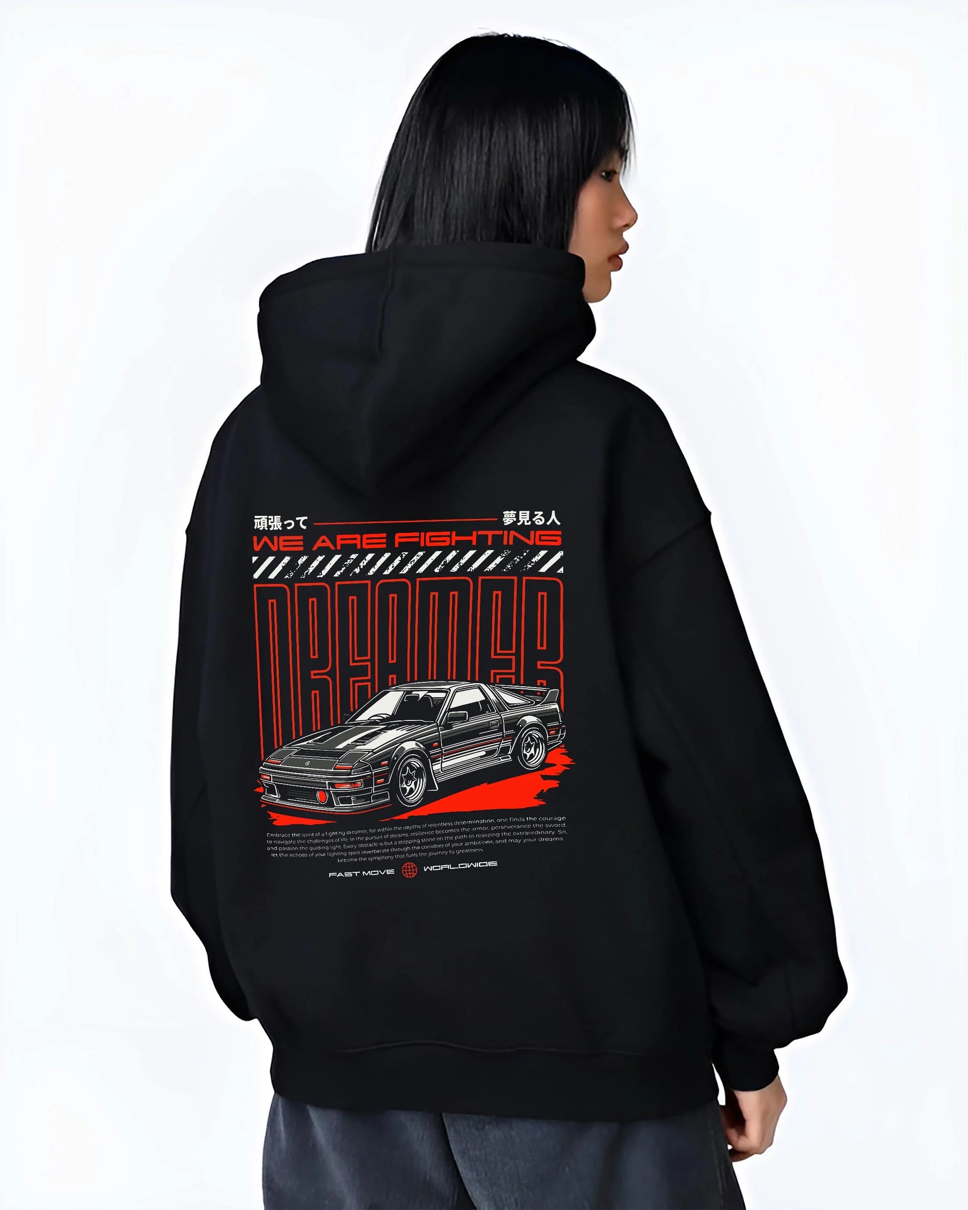 Black hoodie worn by a female model, back view, featuring Toyota CELICA turbo turbocharged racing rally jdm tuner street graphic.