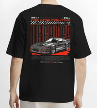 Black T-shirt worn by a male model, back view, featuring Toyota CELICA turbo turbocharged racing rally jdm tuner street graphic.
