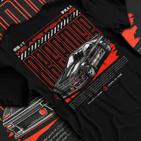 Black T-shirt laid flat with natural fabric folds, featuring Toyota CELICA turbo turbocharged racing rally jdm tuner street graphic.