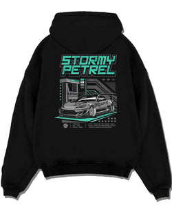 Black pullover hoodie laid flat on a white background, featuring Toyota racing drift jdm tuner stance widebody street graphic.