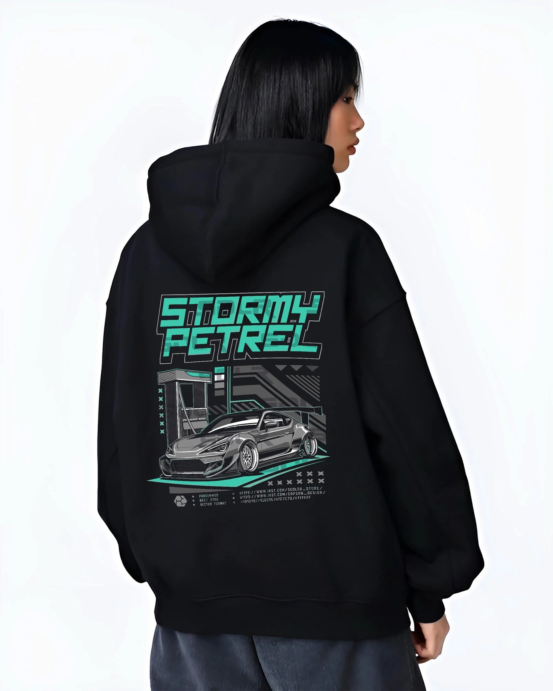 Black hoodie worn by a female model, back view, featuring Toyota racing drift jdm tuner stance widebody street graphic.