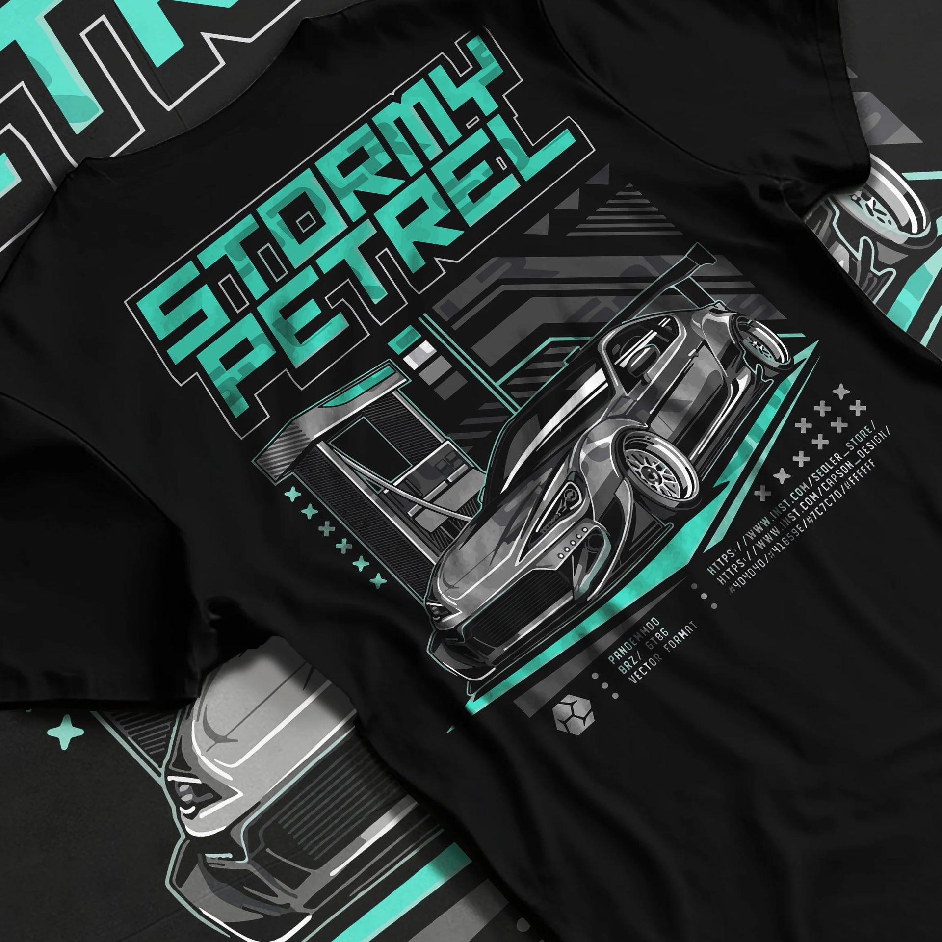 Black T-shirt laid flat with natural fabric folds, featuring Toyota racing drift jdm tuner stance widebody street graphic.