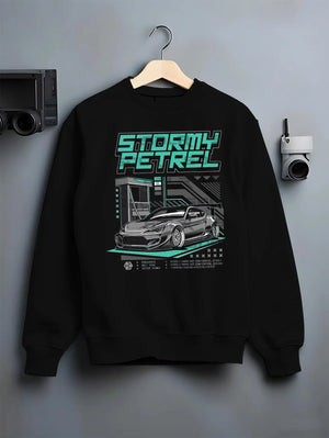 Black crewneck sweatshirt on a hanger against a grey wall, featuring Toyota racing drift jdm tuner stance widebody street graphic.