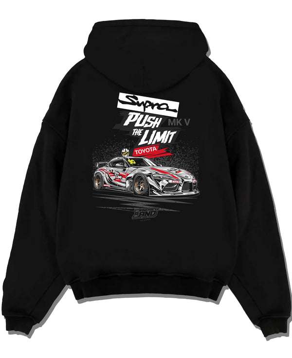 Black pullover hoodie laid flat on a white background, featuring Toyota Supra MK4 supra turbo turbocharged racing drift jdm toy16.