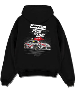 Black pullover hoodie laid flat on a white background, featuring Toyota Supra MK4 supra turbo turbocharged racing drift jdm toy16.