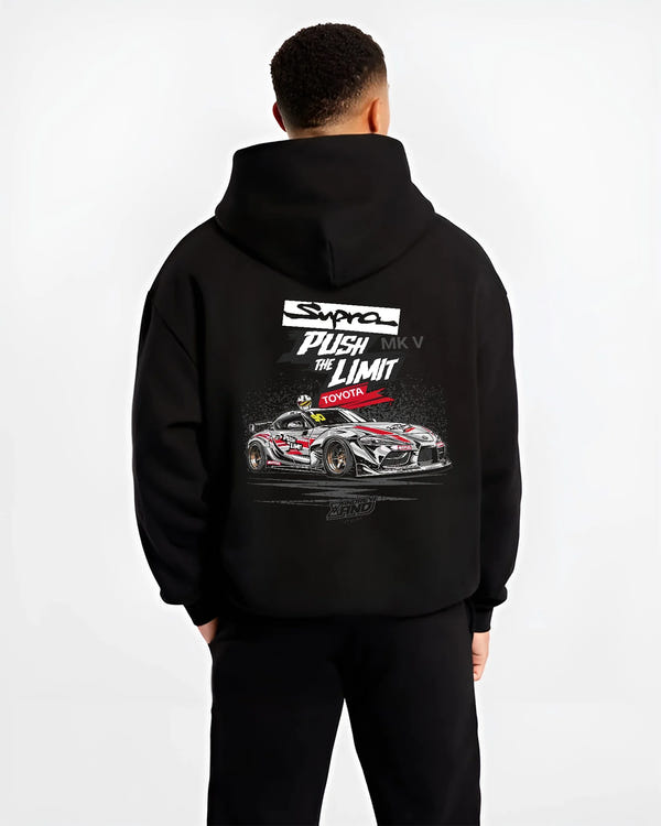 Black hoodie worn by a male model, back view, featuring Toyota Supra MK4 supra turbo turbocharged racing drift jdm tuner graphic.