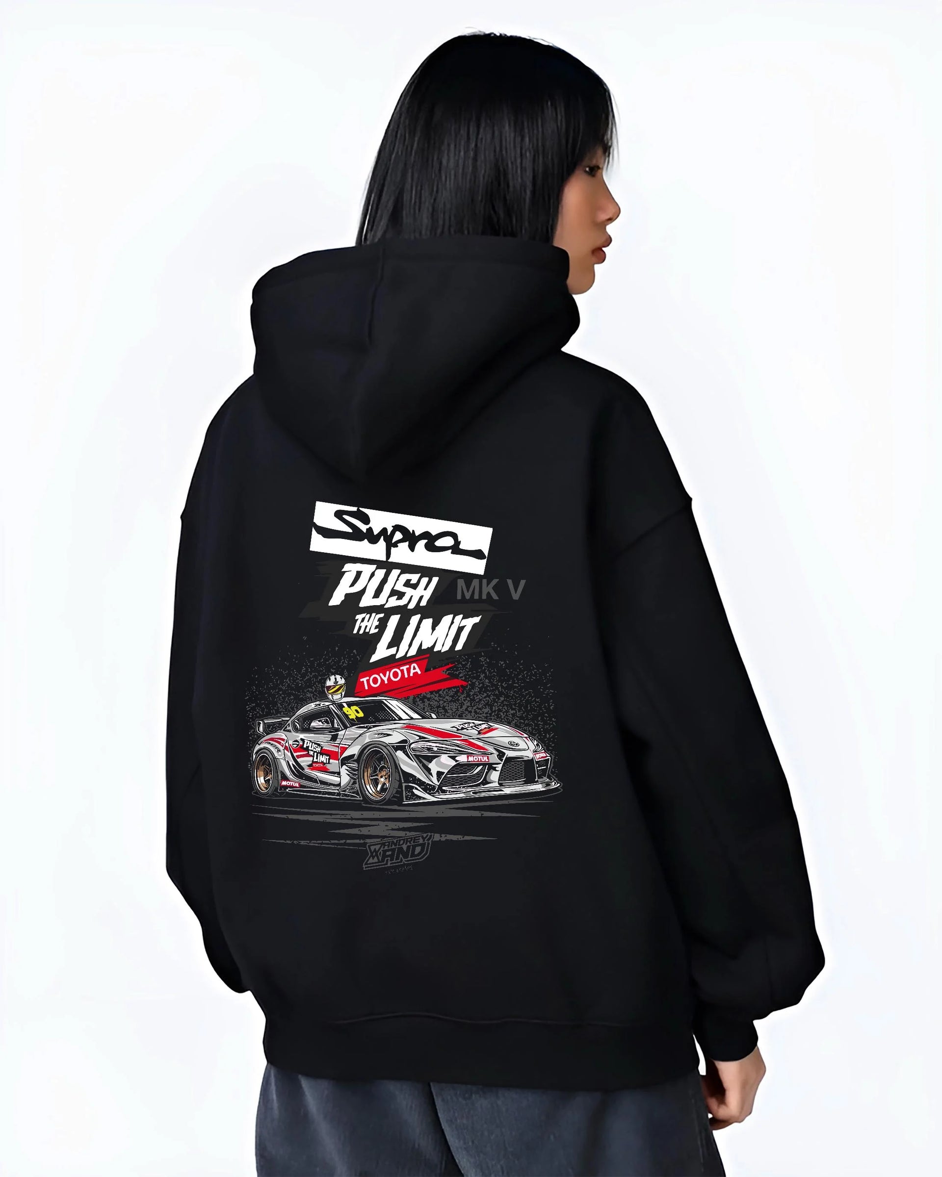 Black hoodie worn by a female model, back view, featuring Toyota Supra MK4 supra turbo turbocharged racing drift jdm tuner graphic.