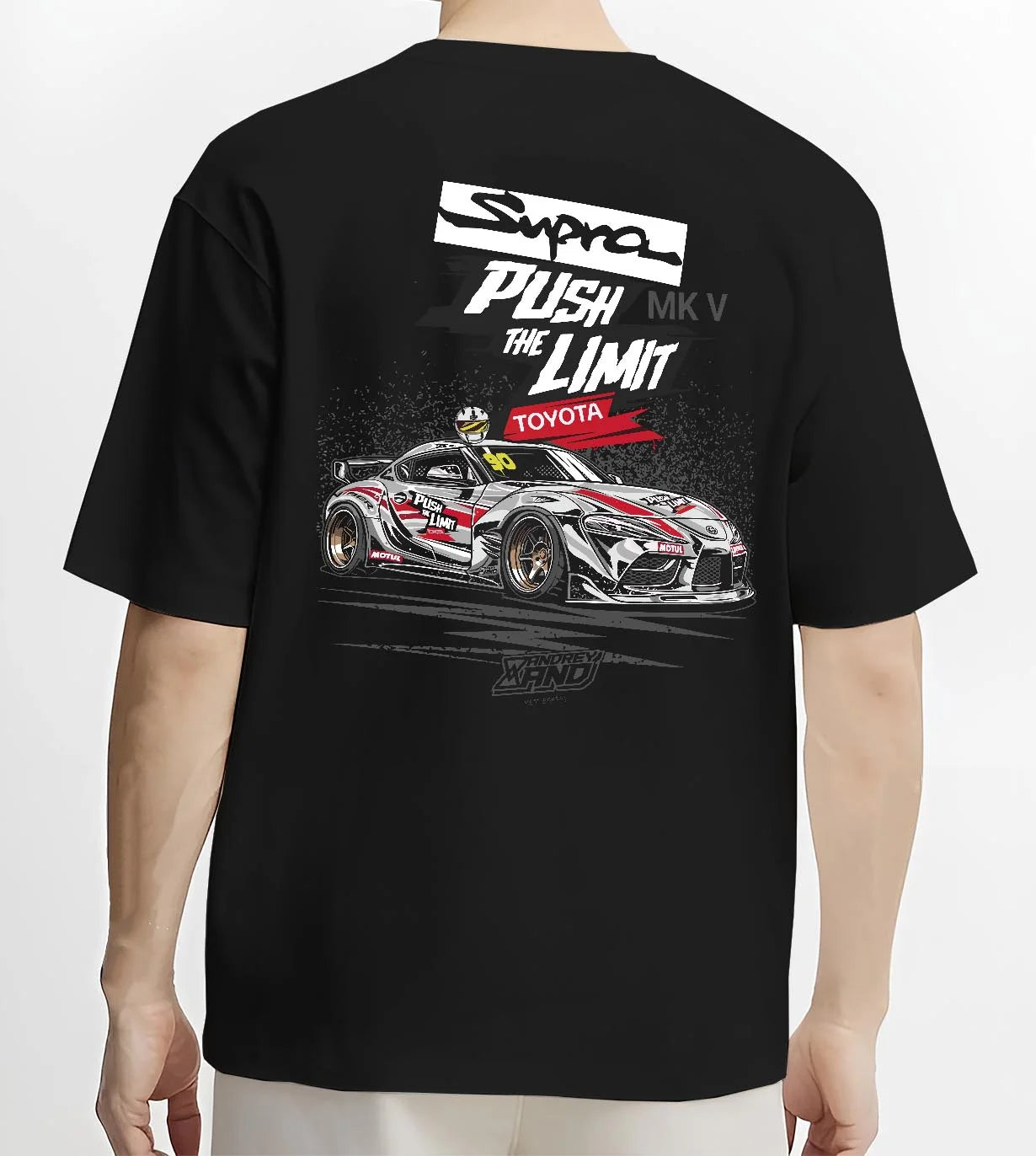 Black T-shirt worn by a male model, back view, featuring Toyota Supra MK4 supra turbo turbocharged racing drift jdm tuner graphic.