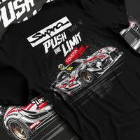 Black T-shirt laid flat with natural fabric folds, featuring Toyota Supra MK4 supra turbo turbocharged racing drift jdm toy16.