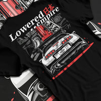 Black T-shirt laid flat with natural fabric folds, featuring Toyota Supra turbo drift jdm lowered power racing graphic.