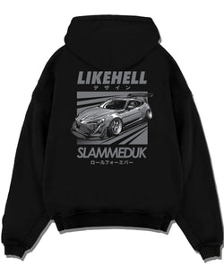 Black pullover hoodie laid flat on a white background, featuring Toyota 86 drift slammed street racing performance graphic.