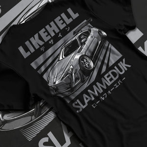 Black T-shirt laid flat with natural fabric folds, featuring Toyota 86 drift slammed street racing performance motorsport graphic.
