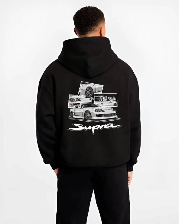Black hoodie worn by a male model, back view, featuring Toyota Supra turbo turbocharged jdm street classic racing graphic.