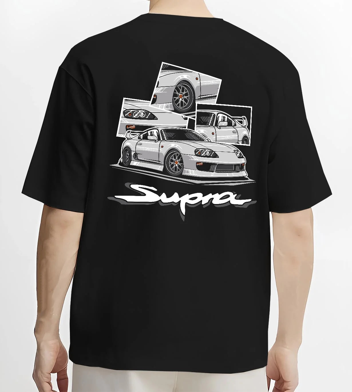 Black T-shirt worn by a male model, back view, featuring Toyota Supra turbo turbocharged jdm street classic racing graphic.